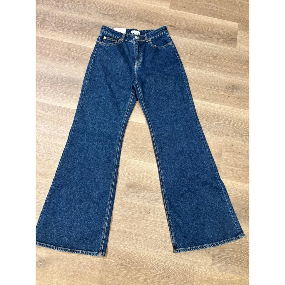 HM High Waist Flare Jeans Dark Wash Full Length Denim Womens Size 6 NEW Boho - Picture 2 of 6